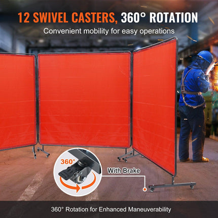 Welding Screen with Frame, 6' x 6' 3 Panel Welding Curtain Screens, Flame-Resistant Vinyl Welding Protection Screen on 12 Swivel Wheels (6 Lockable), Moveable & Professional for Workshop, Red.