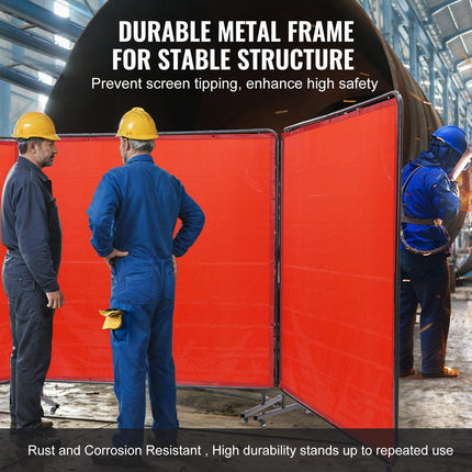 Welding Screen with Frame, 6' x 6' 3 Panel Welding Curtain Screens, Flame-Resistant Vinyl Welding Protection Screen on 12 Swivel Wheels (6 Lockable), Moveable & Professional for Workshop, Red.
