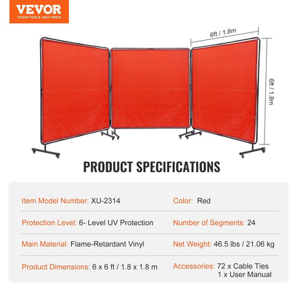Welding Screen with Frame, 6' x 6' 3 Panel Welding Curtain Screens, Flame-Resistant Vinyl Welding Protection Screen on 12 Swivel Wheels (6 Lockable), Moveable & Professional for Workshop, Red.