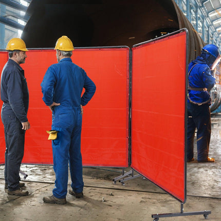 Welding Screen with Frame, 6' x 6' 3 Panel Welding Curtain Screens, Flame-Resistant Vinyl Welding Protection Screen on 12 Swivel Wheels (6 Lockable), Moveable & Professional for Workshop, Red.