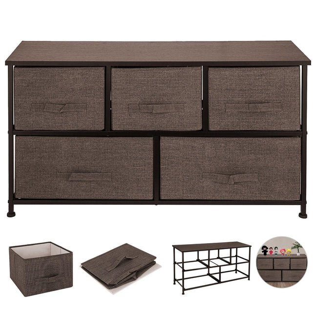 Dresser Storage Tower with 5 Fabric Drawer Steel Frame Storage Cabinet Bin Storage Organizer Unit Fabric Cube Dresser Chest Cabinet Coffee Wide (Coffee/Wide).
