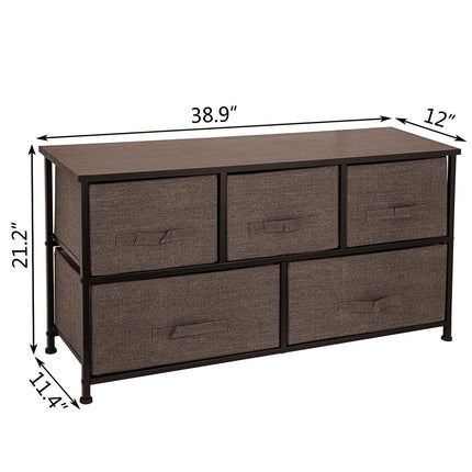 Dresser Storage Tower with 5 Fabric Drawer Steel Frame Storage Cabinet Bin Storage Organizer Unit Fabric Cube Dresser Chest Cabinet Coffee Wide (Coffee/Wide).
