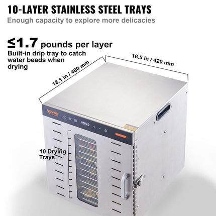 VEVOR 10 Trays Food Dehydrator Machine Stainless Steel 1000W Jerky Fruit Drying.