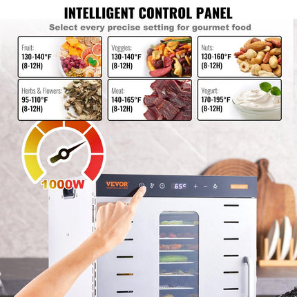 VEVOR 10 Trays Food Dehydrator Machine Stainless Steel 1000W Jerky Fruit Drying.