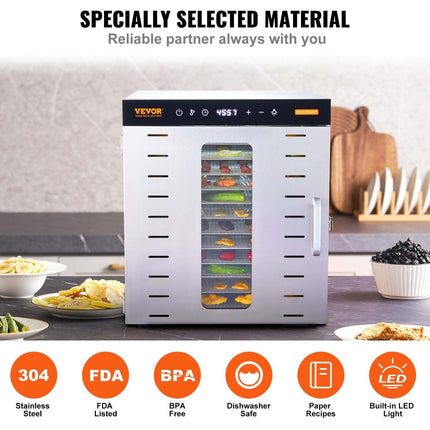 VEVOR 10 Trays Food Dehydrator Machine Stainless Steel 1000W Jerky Fruit Drying.