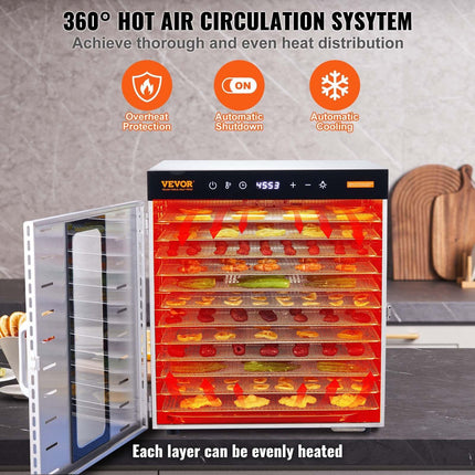 VEVOR 10 Trays Food Dehydrator Machine Stainless Steel 1000W Jerky Fruit Drying.