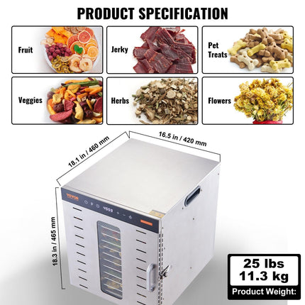 VEVOR 10 Trays Food Dehydrator Machine Stainless Steel 1000W Jerky Fruit Drying.