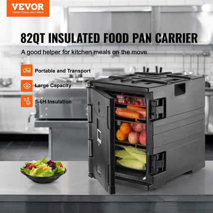 Insulated Food Pan Carrier, 82 Qt Hot Box for Catering, LLDPE Food Box Carrier w/ Double Buckles, Front Loading Food Warmer w/ Handles, Stackable End Loader for Restaurant, Canteen, etc. Black.
