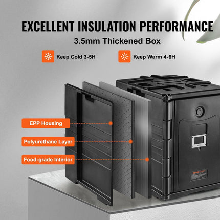 Insulated Food Pan Carrier, 82 Qt Hot Box for Catering, LLDPE Food Box Carrier w/ Double Buckles, Front Loading Food Warmer w/ Handles, Stackable End Loader for Restaurant, Canteen, etc. Black.