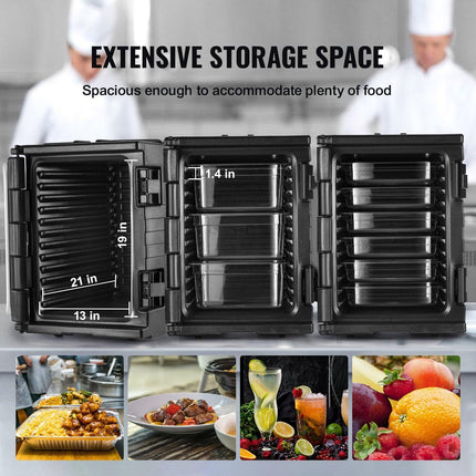Insulated Food Pan Carrier, 82 Qt Hot Box for Catering, LLDPE Food Box Carrier w/ Double Buckles, Front Loading Food Warmer w/ Handles, Stackable End Loader for Restaurant, Canteen, etc. Black.