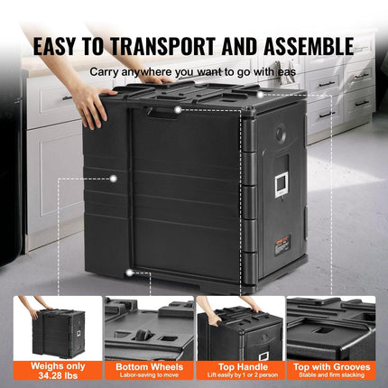 Insulated Food Pan Carrier, 82 Qt Hot Box for Catering, LLDPE Food Box Carrier w/ Double Buckles, Front Loading Food Warmer w/ Handles, Stackable End Loader for Restaurant, Canteen, etc. Black.