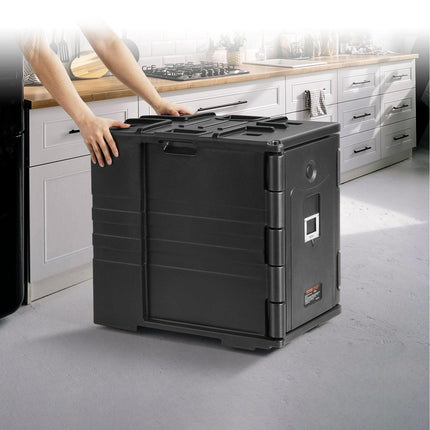 Insulated Food Pan Carrier, 82 Qt Hot Box for Catering, LLDPE Food Box Carrier w/ Double Buckles, Front Loading Food Warmer w/ Handles, Stackable End Loader for Restaurant, Canteen, etc. Black.