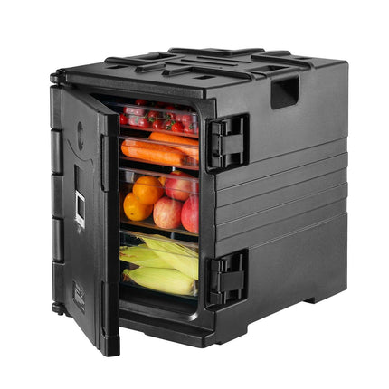 Insulated Food Pan Carrier, 82 Qt Hot Box for Catering, LLDPE Food Box Carrier w/ Double Buckles, Front Loading Food Warmer w/ Handles, Stackable End Loader for Restaurant, Canteen, etc. Black.