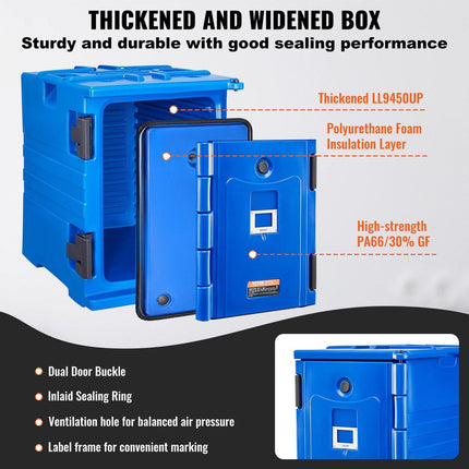 Insulated Food Pan Carrier, 90L Hot Box for Catering, Food Box Carrier with Double Buckles, Front Loading Food Warmer with Handles, Stackable End Loader for Restaurant, Canteen.