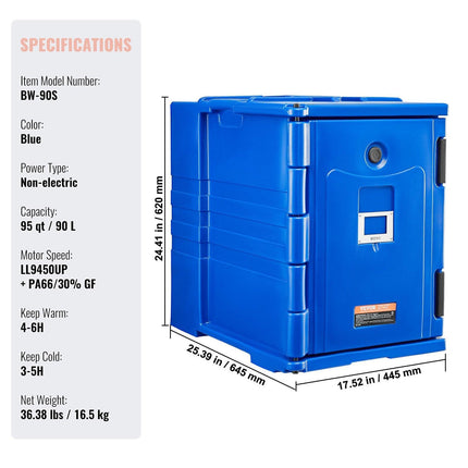 Insulated Food Pan Carrier, 90L Hot Box for Catering, Food Box Carrier with Double Buckles, Front Loading Food Warmer with Handles, Stackable End Loader for Restaurant, Canteen.