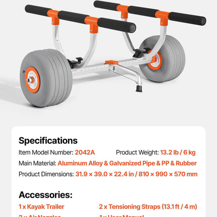 Kayak Cart, 158.8 kg Load Capacity, Kayak Trolley with 30.5 cm Inflatable PU Tires & 2 Straps, Assembles & Disassembles Within Seconds, Paddle Board Trolley for Carrying Kayaks and Canoes.