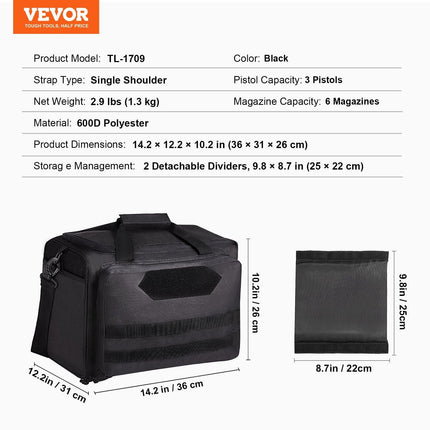 Range Bag for 3 Pistols Tactical Gun Range Bag Single Shoulder Strip Black.