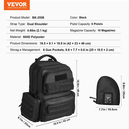 Tactical Range Backpack for 6 Pistols Gun Backpack Black.
