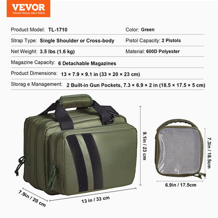 Range Bag for 2 Pistols Tactical Gun Bag 2 Built-in Pistol Bags Green.