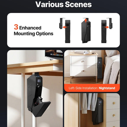 Gun Safe, Slider Handgun Gun Safe with Screen, Fingerprint/Password/Key, 3-Way Quick Access Firearm Case Box with LED for 1 Pistol & Magazine, Mounted Gun Box for Nightstand Bedside Desk Car.