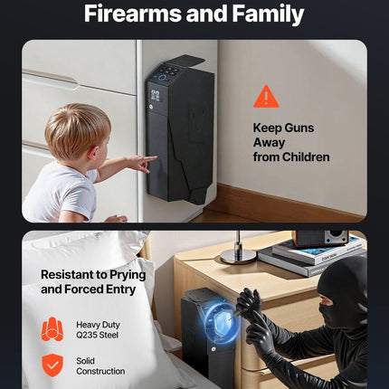 Gun Safe, Slider Handgun Gun Safe with Screen, Fingerprint/Password/Key, 3-Way Quick Access Firearm Case Box with LED for 1 Pistol & Magazine, Mounted Gun Box for Nightstand Bedside Desk Car.