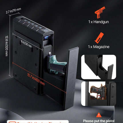 Gun Safe, Slider Handgun Gun Safe with Fingerprint/Password/Key, 3-Way Quick Access Firearm Case Box with Lighting for 1 Pistol & Magazine, Mounted Pistol Gun Box for Nightstand Bedside Desk Car.