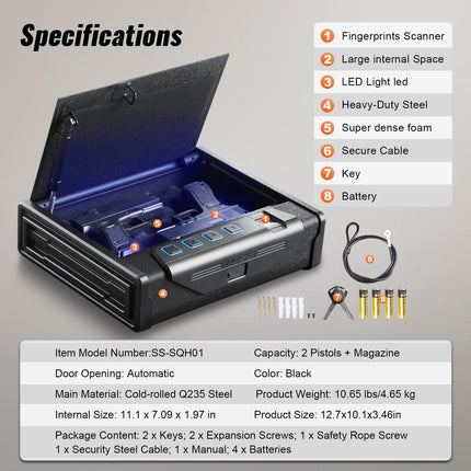 Gun Safe for Pistols Biometric Gun Safe with 3 Access Ways for 2 Pistols.