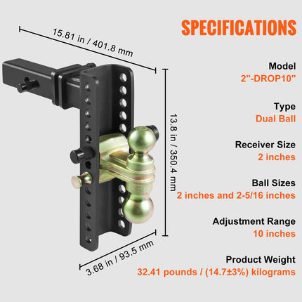 Adjustable Trailer Hitch, 25.4 cm Drop & 21.59 cm Rise Hitch Ball Mount with 5.08 cm Receiver, Solid Tube, 6350 kgs GTW, 5.08 cm & 5.08-0.79 cm 45# Steel Tow Balls with Key Lock for Truck Towing.