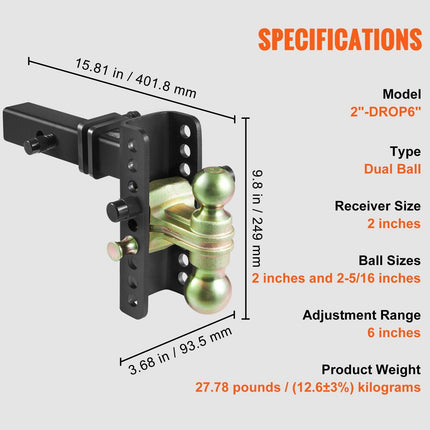 Adjustable Trailer Hitch, 152.4 mm Drop & 114.3 mm Rise Hitch Ball Mount with 50.8 mm Receiver, Solid Tube, 6350 kg GTW, 50.8 mm and 58.7 mm 45# Steel Tow Balls with Key Lock for Truck Towing.