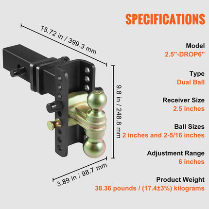 Adjustable Trailer Hitch, 15cm Drop & 11.43cm Rise Hitch Ball Mount with 6.35cm Receiver, Solid Tube, 6577 kgs GTW, 5.08cm & 5.08-0.79cm 45# Steel Tow Balls with Key Lock for Truck Towing.