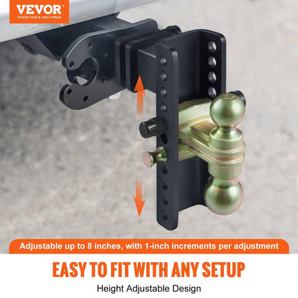 Adjustable Trailer Hitch, 203.2 mm Drop & 165.1 mm Rise Hitch Ball Mount with 63.5 mm Receiver, Solid Tube, 6577 kg GTW, 50.8 mm & 58.7 mm 45# Steel Tow Balls with Key Lock for Truck Towing.