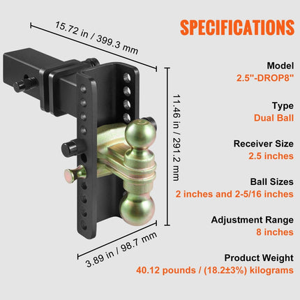 Adjustable Trailer Hitch, 203.2 mm Drop & 165.1 mm Rise Hitch Ball Mount with 63.5 mm Receiver, Solid Tube, 6577 kg GTW, 50.8 mm & 58.7 mm 45# Steel Tow Balls with Key Lock for Truck Towing.
