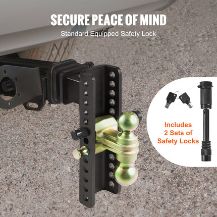 Adjustable Trailer Hitch, 25 cm Drop & 21.59 cm Rise Hitch Ball Mount with 6.35 cm Receiver Solid Tube, 6577 kgs GTW, 5.08 cm & 5.08-0.79 cm 45# Steel Tow Balls with Key Lock for Truck Towing.