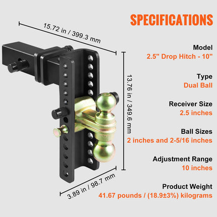 Adjustable Trailer Hitch, 25 cm Drop & 21.59 cm Rise Hitch Ball Mount with 6.35 cm Receiver Solid Tube, 6577 kgs GTW, 5.08 cm & 5.08-0.79 cm 45# Steel Tow Balls with Key Lock for Truck Towing.