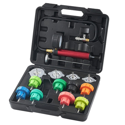 14 pcs Universal Radiator Pressure Tester Kit, Coolant Pressure Tester Kit with Manual Pump and Color-coded Steel Test Cap Adapters, with Toolbox, For Cars Motorcycles Trucks Cooling System.