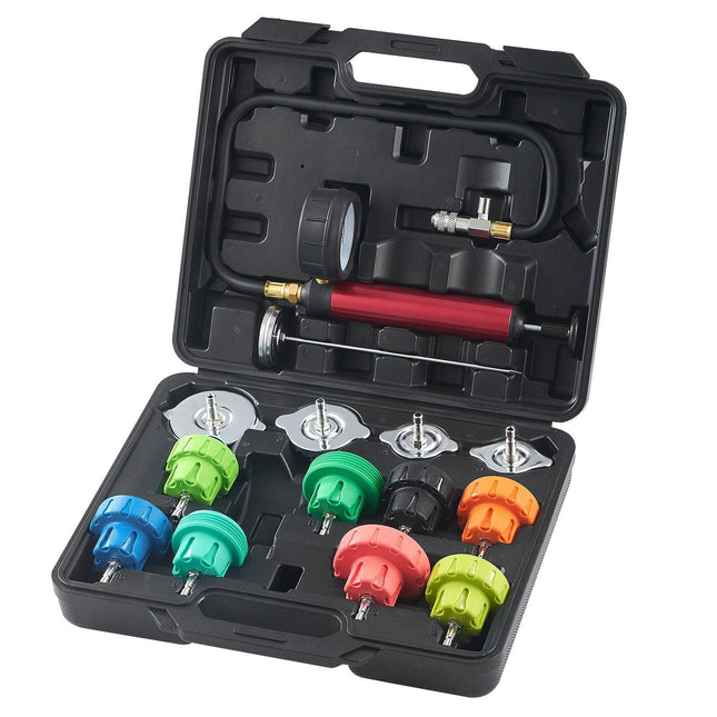 14 pcs Universal Radiator Pressure Tester Kit, Coolant Pressure Tester Kit with Manual Pump and Color-coded Steel Test Cap Adapters, with Toolbox, For Cars Motorcycles Trucks Cooling System.
