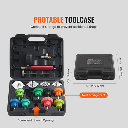 14 pcs Universal Radiator Pressure Tester Kit, Coolant Pressure Tester Kit with Manual Pump and Color-coded Steel Test Cap Adapters, with Toolbox, For Cars Motorcycles Trucks Cooling System.