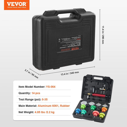 14 pcs Universal Radiator Pressure Tester Kit, Coolant Pressure Tester Kit with Manual Pump and Color-coded Steel Test Cap Adapters, with Toolbox, For Cars Motorcycles Trucks Cooling System.