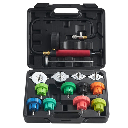 14 pcs Universal Radiator Pressure Tester Kit, Coolant Pressure Tester Kit with Manual Pump and Color-coded Steel Test Cap Adapters, with Toolbox, For Cars Motorcycles Trucks Cooling System.