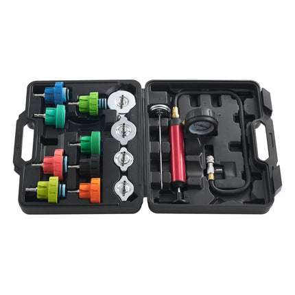 14 pcs Universal Radiator Pressure Tester Kit, Coolant Pressure Tester Kit with Manual Pump and Color-coded Steel Test Cap Adapters, with Toolbox, For Cars Motorcycles Trucks Cooling System.