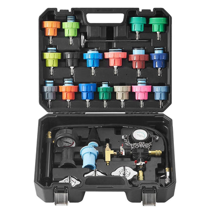 28 pcs Universal Radiator Pressure Tester Kit, Coolant Pressure Tester Kit with Manual Pump and Color-coded Test Caps, Coolant Vacuum Refill kit for Cars Motorcycles Trucks Cooling System.
