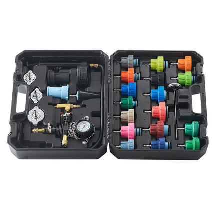 28 pcs Universal Radiator Pressure Tester Kit, Coolant Pressure Tester Kit with Manual Pump and Color-coded Test Caps, Coolant Vacuum Refill kit for Cars Motorcycles Trucks Cooling System.