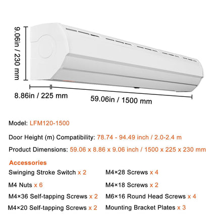 1.5m Commercial Indoor Air Curtain Super Power 2 Speeds 2547m³/h, UL Certified Wall Mounted Air Curtains for Doors, Indoor Over Door Fan with Heavy Duty Limit Switch, Easy-Install Unheated.