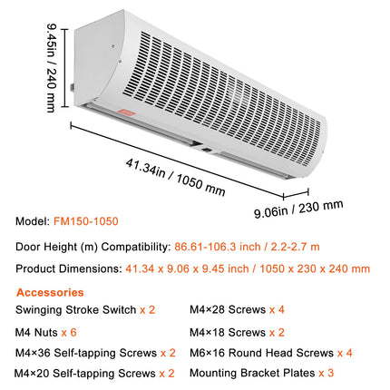 1.1m Commercial Indoor Air Curtain Super Power 2 Speeds 2292m_/h, UL Certified Wall Mounted Air Curtains for Doors, Indoor Over Door Fan with Heavy Duty Limit Switch, Easy-Install Unheated.