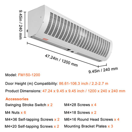 1.2m Commercial Indoor Air Curtain Super Power 2 Speeds 2802m_/h, UL Certified Wall Mounted Air Curtains for Doors, Indoor Over Door Fan with Heavy Duty Limit Switch, Easy-Install Unheated.