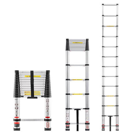 3.8m Telescoping Ladder, Aluminum Lightweight Multi-Purpose Collapsible Extension, One-Touch Retraction Ladder, Heavy Duty 150kg Max Capacity with Non-Slip Feet, for Home, Outdoor Work, Loft.