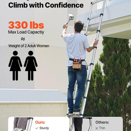 3.8m Telescoping Ladder, Aluminum Lightweight Multi-Purpose Collapsible Extension, One-Touch Retraction Ladder, Heavy Duty 150kg Max Capacity with Non-Slip Feet, for Home, Outdoor Work, Loft.