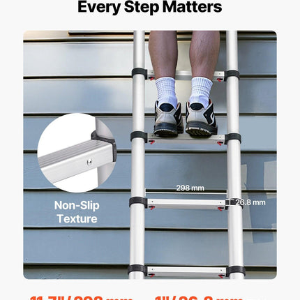 3.8m Telescoping Ladder, Aluminum Lightweight Multi-Purpose Collapsible Extension, One-Touch Retraction Ladder, Heavy Duty 150kg Max Capacity with Non-Slip Feet, for Home, Outdoor Work, Loft.