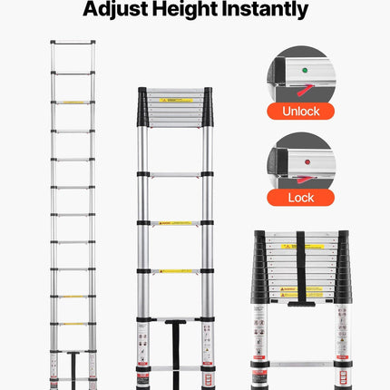 3.8m Telescoping Ladder, Aluminum Lightweight Multi-Purpose Collapsible Extension, One-Touch Retraction Ladder, Heavy Duty 150kg Max Capacity with Non-Slip Feet, for Home, Outdoor Work, Loft.
