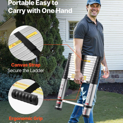 3.8m Telescoping Ladder, Aluminum Lightweight Multi-Purpose Collapsible Extension, One-Touch Retraction Ladder, Heavy Duty 150kg Max Capacity with Non-Slip Feet, for Home, Outdoor Work, Loft.